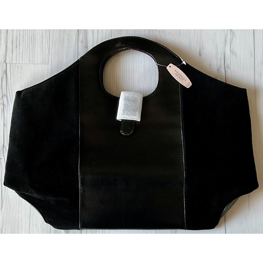 Victoria’s Secret Black Tote Bag With Rhinestone Buckle & Purple Lining NWT